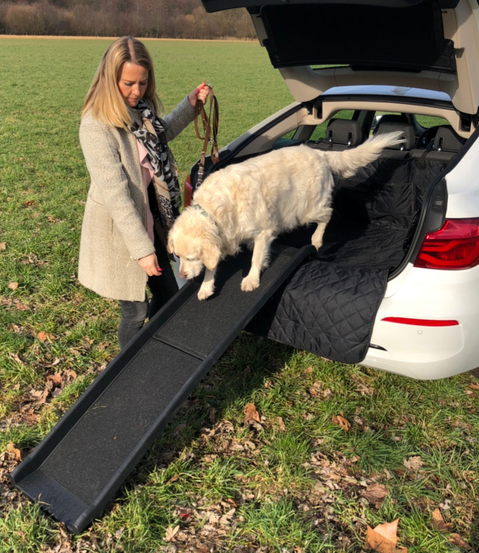 Eine Frau steht neben einem Auto mit Hunderampe wo ein weißer Hund die Rampe gerade runter läuft